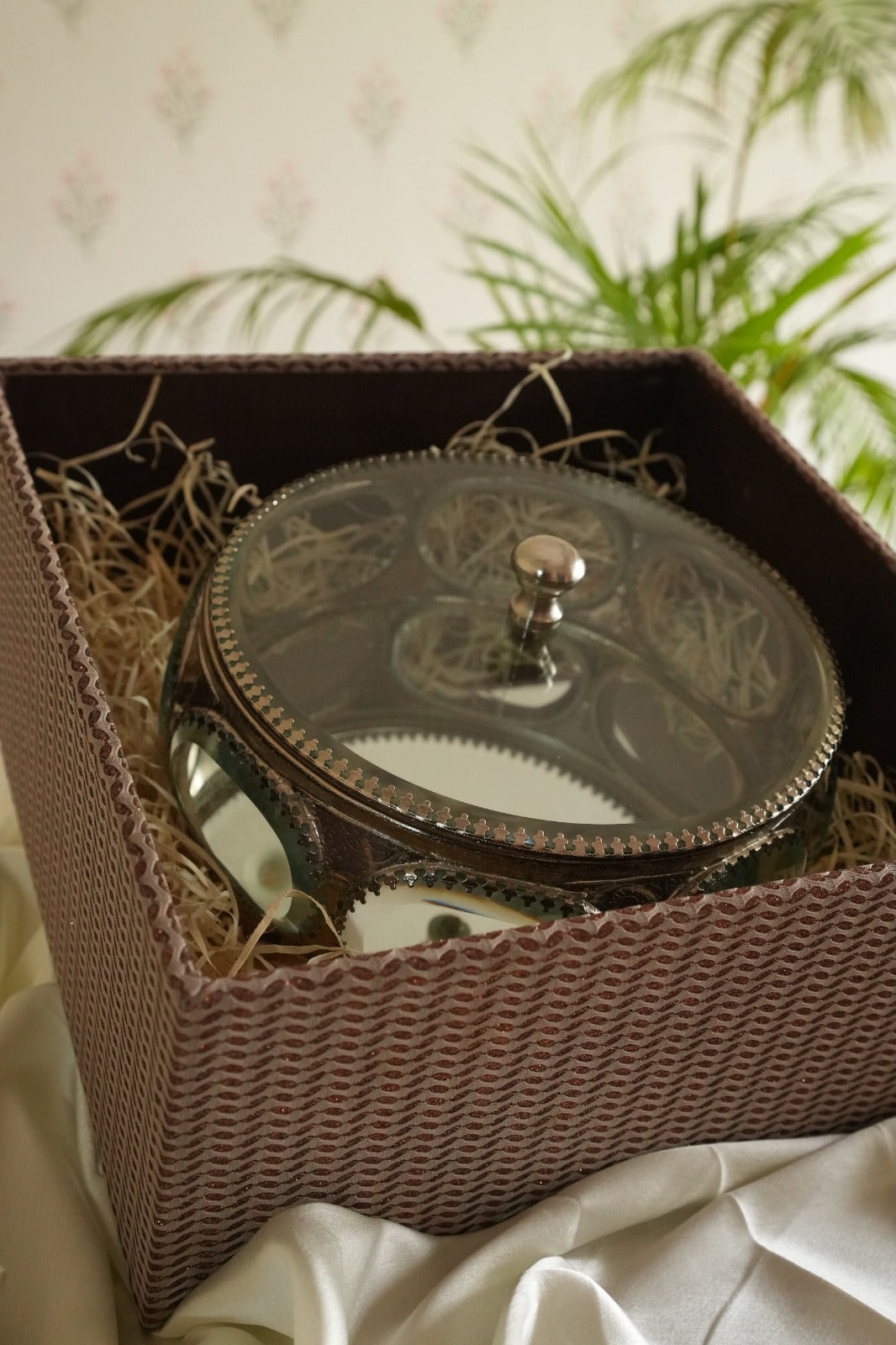Glass Brass Box Round Silver