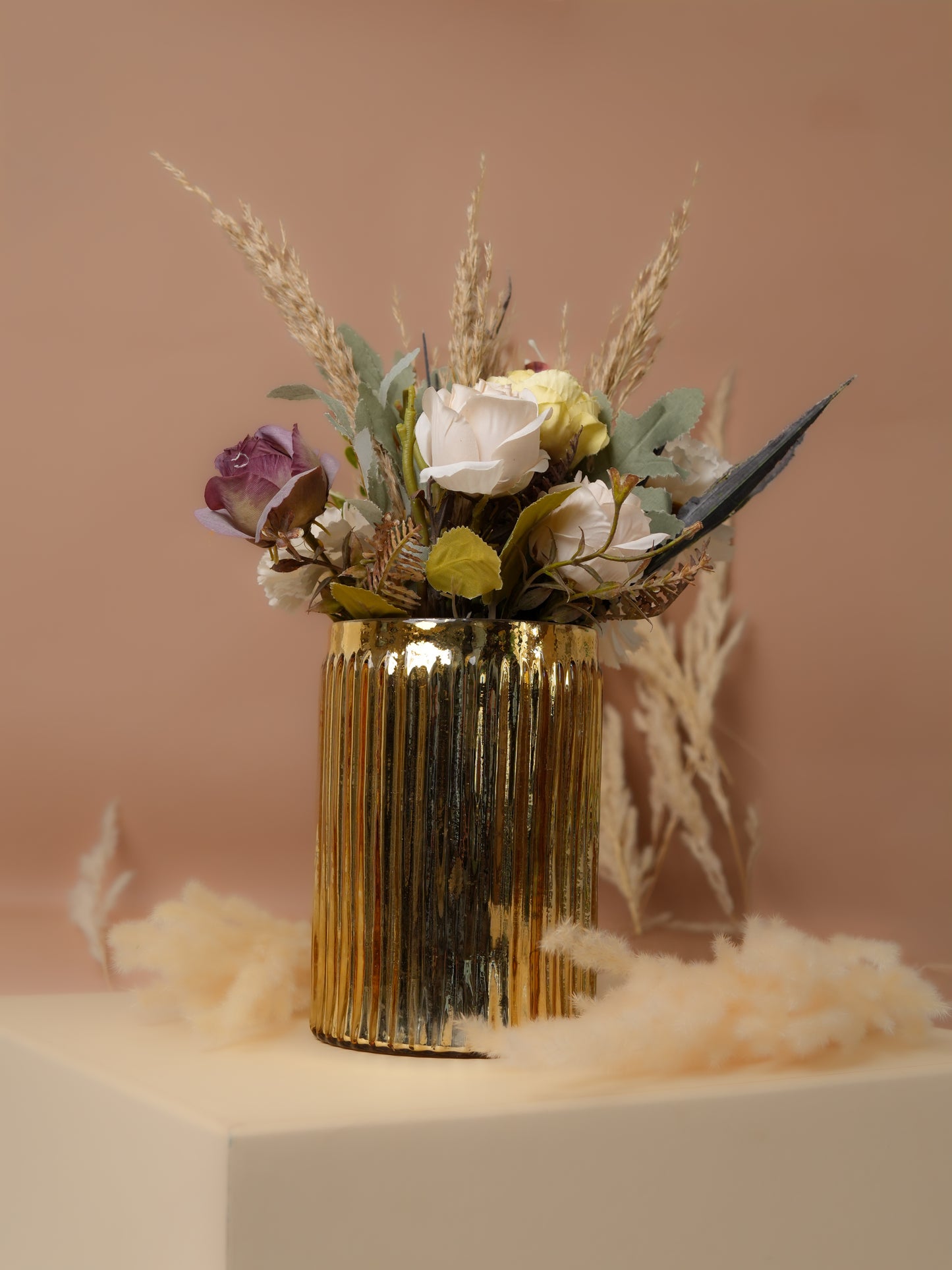 Golden Metal Glass Jars with Flower Bunch