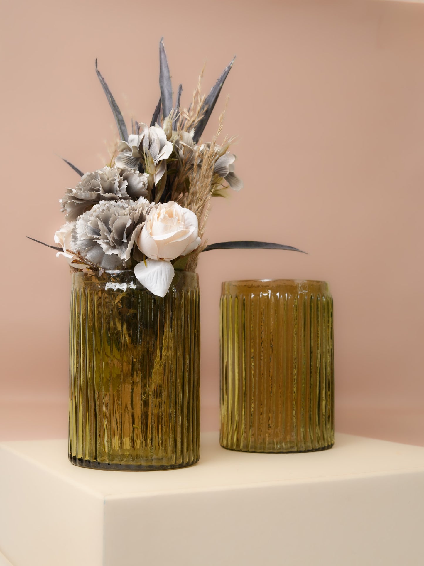 Decorative Green Glass Vase with Flower Bunch