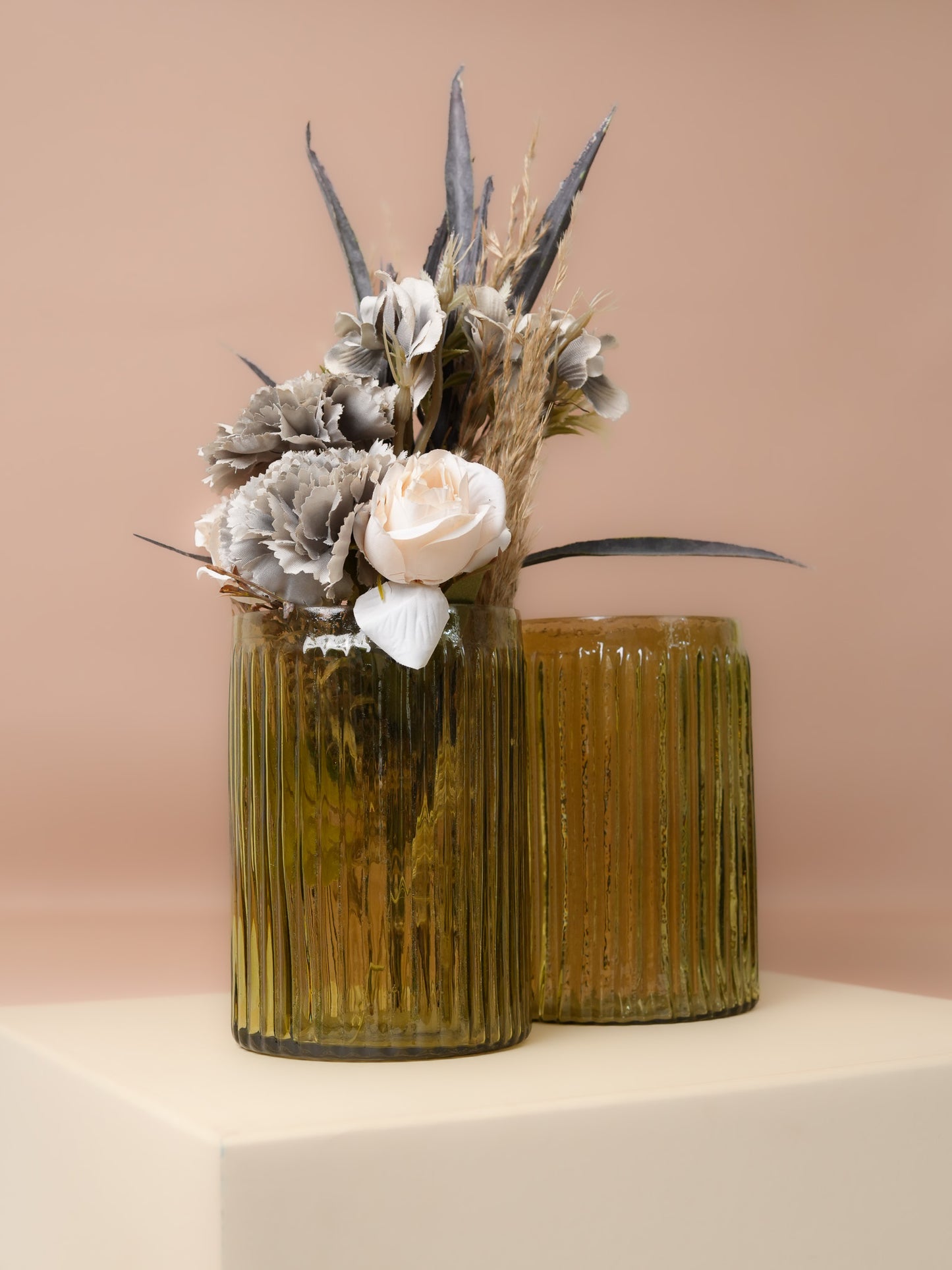 Decorative Green Glass Vase with Flower Bunch