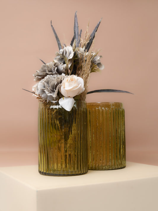 Decorative Green Glass Vase with Flower Bunch