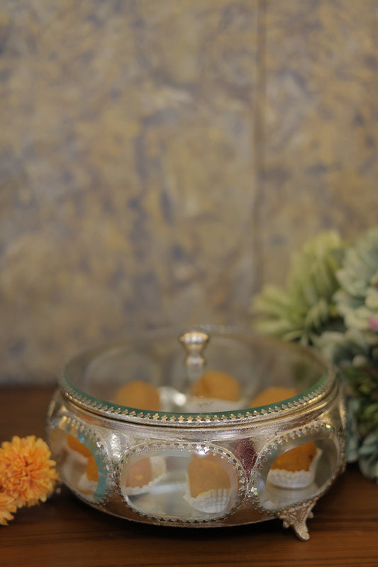 Glass Brass Box Round Silver