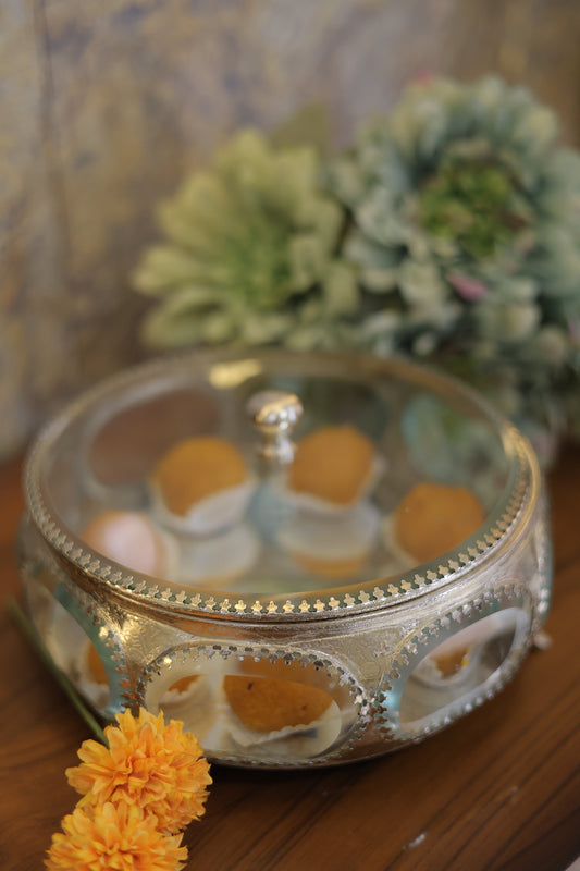 Glass Brass Box Round Silver