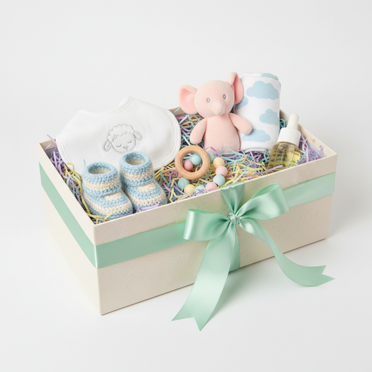 Baby shower gift hamper in pastel colors with ribbon and bow