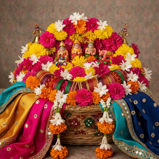 Close up of Gangaur festival basket with vibrant flowers and traditional Rajasthani decorations