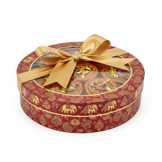 Ghewar traditional sweet elegantly packed in a decorative festive gift box