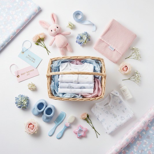 Baby shower hamper flat lay with pastel pink and blue theme