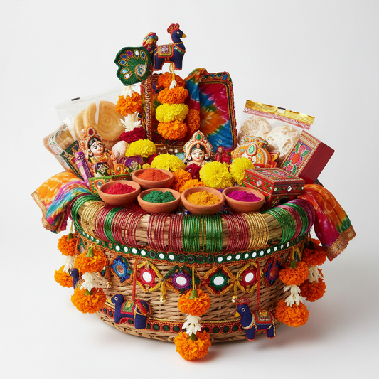 Gangaur festival decorative gift basket with marigold flowers and traditional items